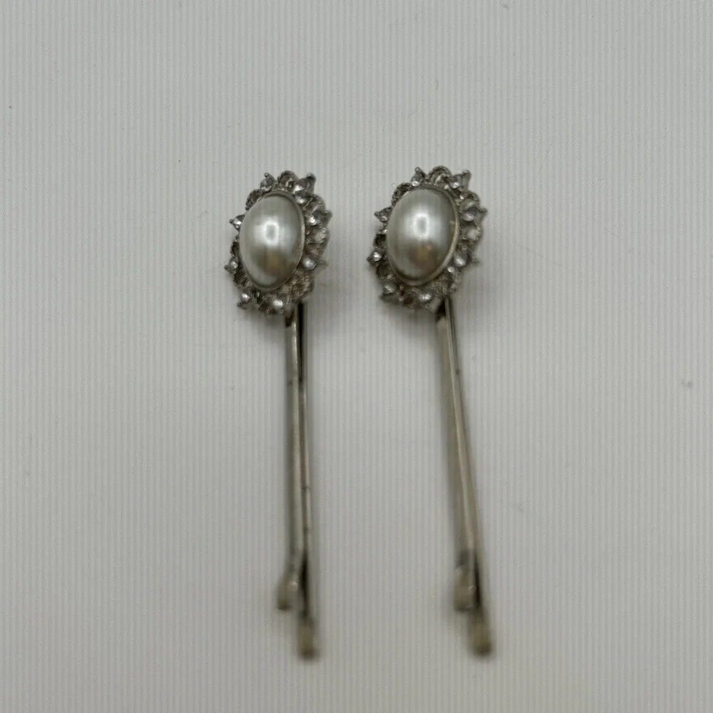 Unbranded Hair Pins Women OS Silver Faux Pearl Rhinestone Bobby Pin Set 2pc
